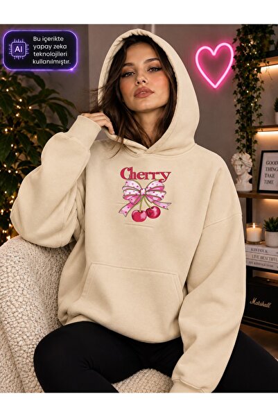 caddekombin Women's Heart Patterned Ribbon Cherry Hooded Kangaroo Pocket Cott...