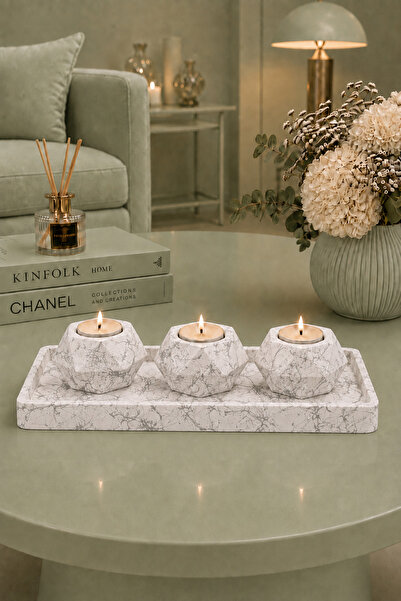 betonmall Beton Mum Seti 4 Parça Tepsili 3'lü Mumluk Tealight Şamdan Mumlar D...
