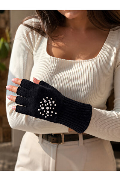 Luminos Butik Black Stone Detailed Knitwear Cutout Gloves Eld61