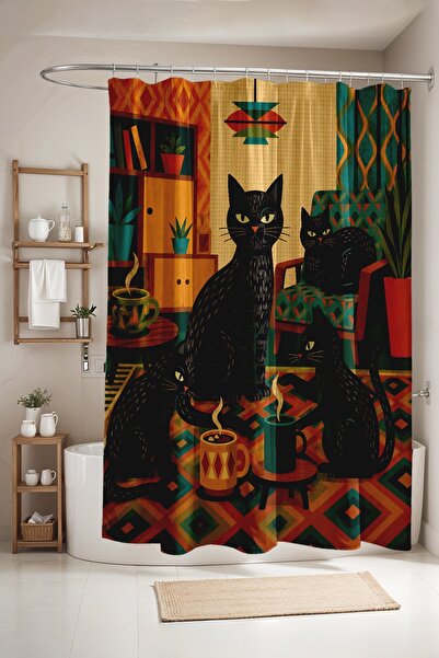 EVPANYA Bathroom Curtain, Black Coffee Cat Patterned Shower Curtain, Bathtub ...