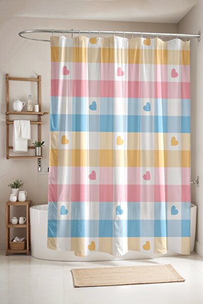 EVPANYA Bathroom Curtain, Pöti Square Colors and Hearts Patterned Shower Curt...