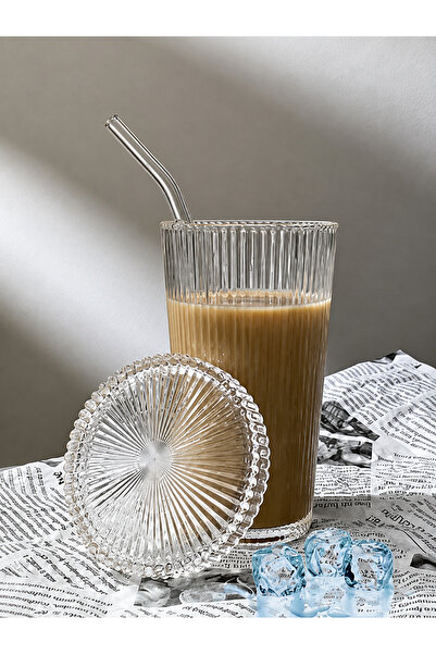 Genel Markalar 1 Adet 400 Ml Cam Kapaklı Pipetli Origami Stil Cam Bardak Kahv...
