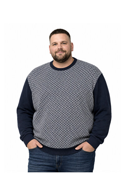 BattalModa Men's Large Size Navy Blue Crew Neck Motif Knitwear Sweater 3Xl-4X...