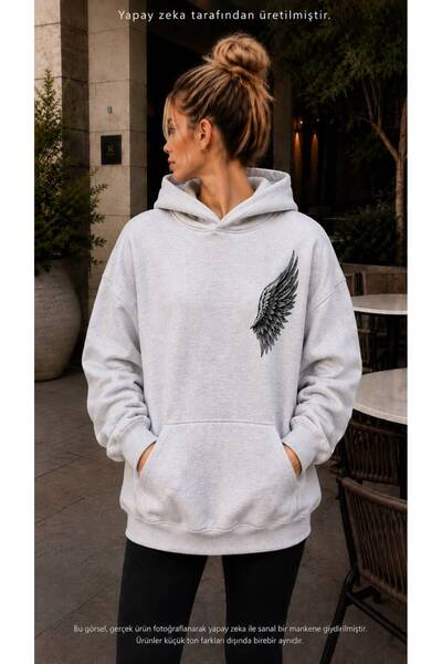 caddekombin Women's Angel Wing Printed Hooded Kangaroo Pocket Cotton Casual S...