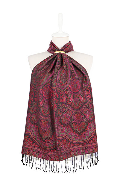 Bursa İpek Black Fuchsia Jamawar Woven Silk Scarf