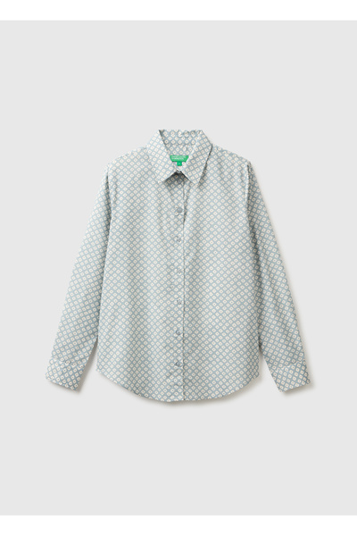 United Colors of Benetton Women's Light Blue 100% Cotton Patterned Regular Fit Shirt