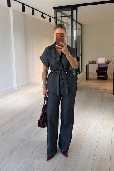 Sezgi Tekin Button Detail Belted Smoked Denim Shirt / Pants Set