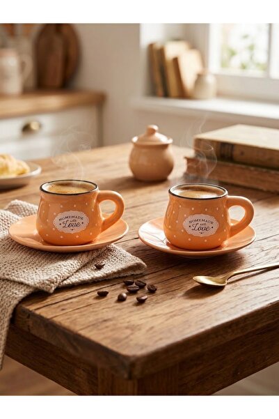Elista Homemade with Love 2'li Turuncu Puantiyeli Seramik Espresso Fincan Takımı – Tabaklı Vintage Set