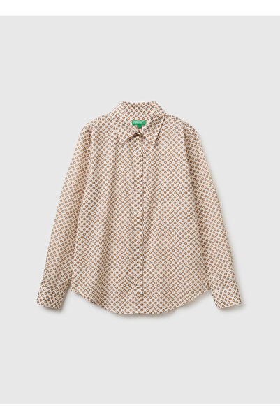 United Colors of Benetton Women's Beige 100% Cotton Patterned Regular Fit Shirt