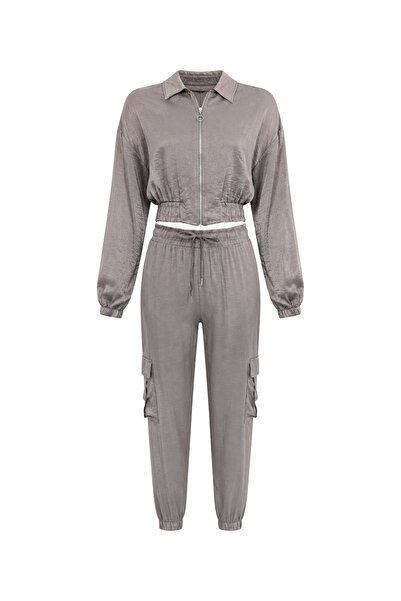 Sezgi Tekin Wrinkle Effect Jacket Pants Smoke Gray Satin Suit