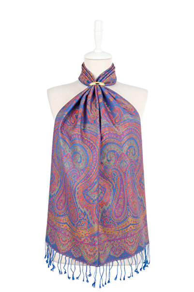 Bursa İpek Cobalt Orange Jamawar Woven Silk Scarf