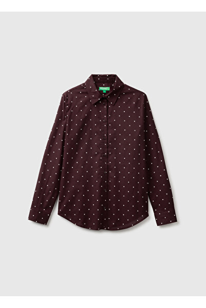 United Colors of Benetton Women's Brown 100% Cotton Patterned Regular Fit Shirt