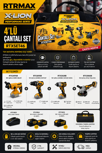 Genel Markalar RTRMAX RTXSET46 X-LION 18V 4’lü Şarjlı Set RTX2095B Kırıcı Del...