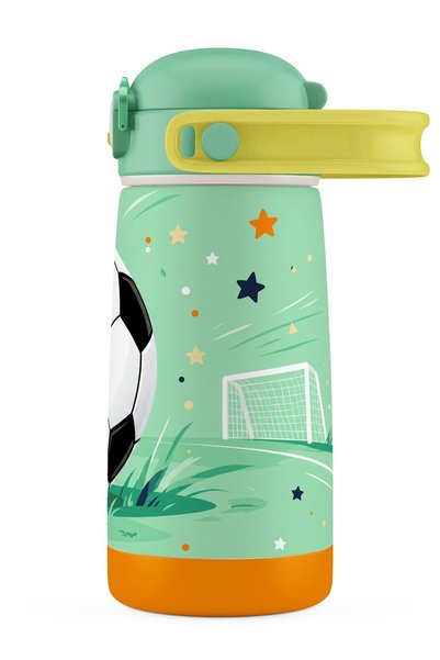 Puccon Football Ball Printed Green and White 420 ml Stainless Steel Flask Thermos with Straw for Boys 60039