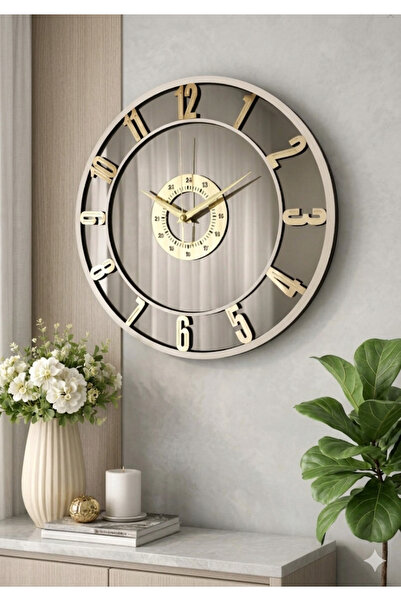 Ronson Lüks Dekoratif Duvar Saati 40x40 cm - Beyaz MDF Çerçeve Gold Aynalı Pl...