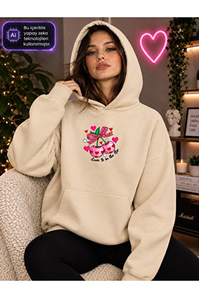 caddekombin Women's Heart Detailed Bow Cherry Printed Hooded Kangaroo Pocket ...