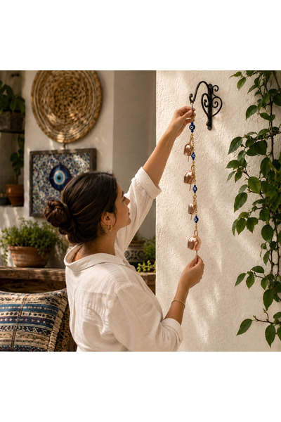 Sylvery Jewels El Yapımı Bakır Rüzgar Çanı Nazar Boncuklu Dekoratif Balkon Ba...