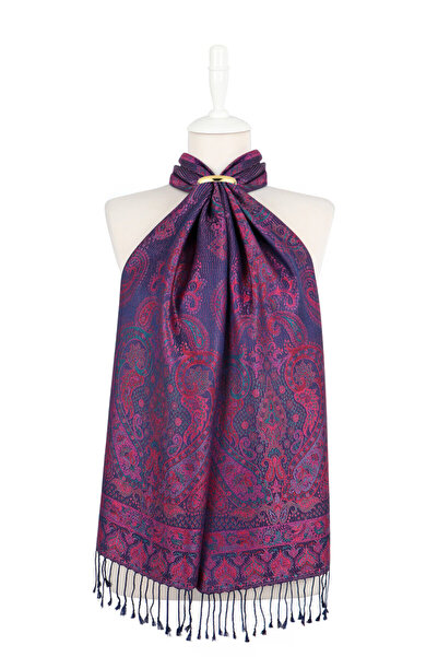 Bursa İpek Fuchsia Petrol Blue Jamawar Woven Silk Scarf