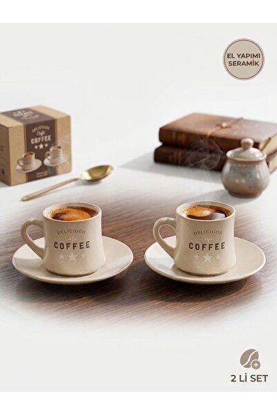Elista Delicious Cafe 2 Kişilik Retro Seramik Türk Kahvesi & Espresso Fincan Takımı – Krem 90 ML