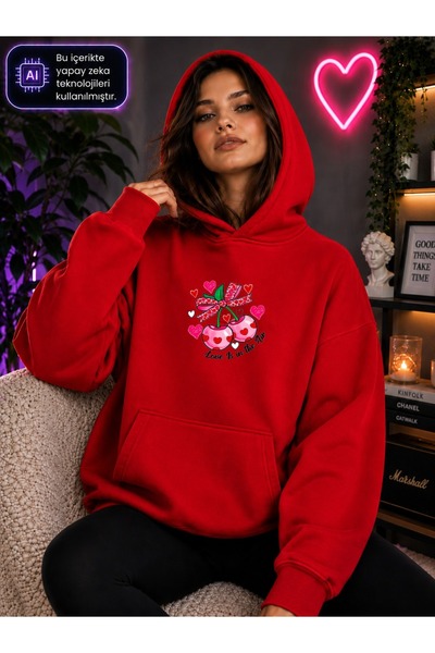 caddekombin Women's Heart Detailed Bow Cherry Printed Hooded Kangaroo Pocket ...