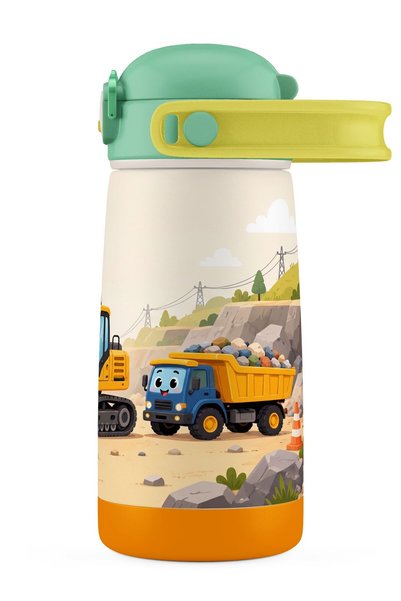 Puccon Boy's Green Yellow Work Machine Patterned 420 ml Steel Flask Thermos with Straw (Leak-Proof) 60040