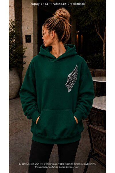 caddekombin Women's Angel Wing Printed Hooded Kangaroo Pocket Cotton Casual S...