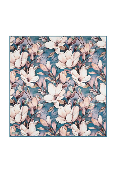 Bursa İpek Blue Narcissus Pattern Silk Handkerchief