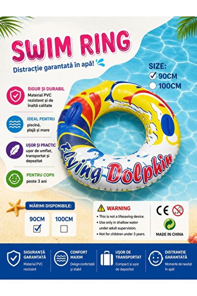 BaoBao Colac gonflabil pentru copii cu mânere, model delfin, 90 cm, pentru piscină și mare
