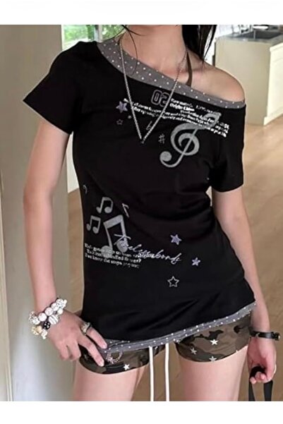 Köstebek Anthracite Polka Dot Black Blouse with Musical Notes