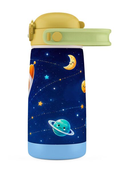 Puccon Boy's School Water Bottle with Straw 420 ml Stainless Steel Thermos - Navy Blue Yellow - Boy - 60041