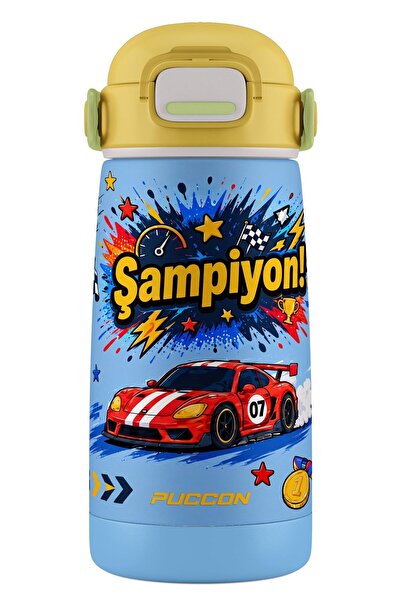 Puccon 420 ml Racing Car Printed Boys' School Steel Water Bottle with Straw -...