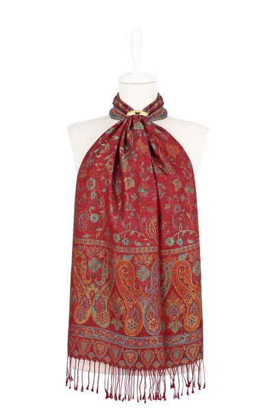 Bursa İpek Burgundy Green Jamawar Woven Silk Scarf