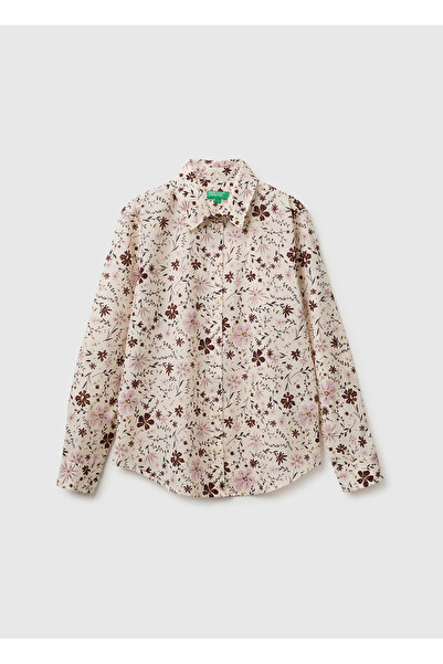 United Colors of Benetton Women's Cream 100% Cotton Patterned Regular Fit Shirt