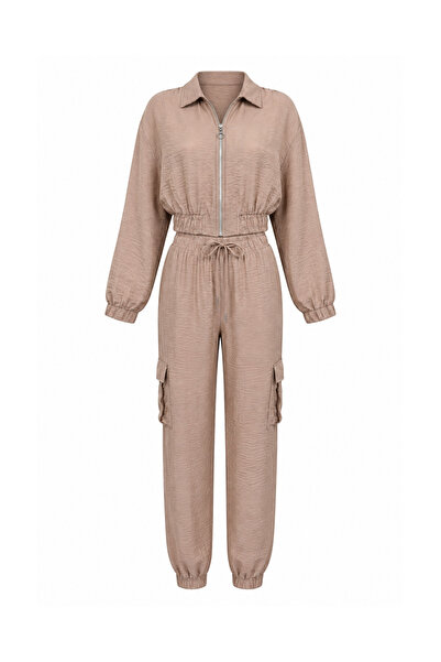 Sezgi Tekin Wrinkle Effect Jacket and Trousers Camel Satin Set