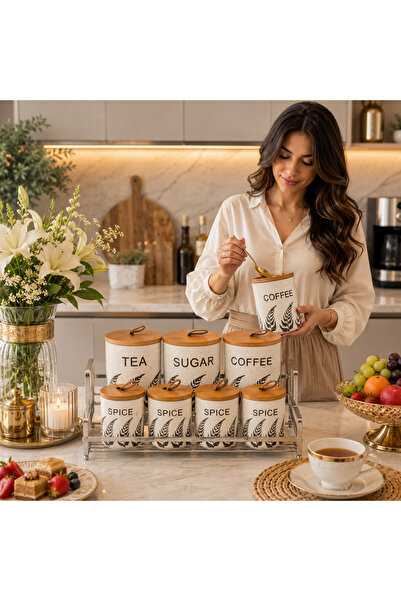 Dania طقم علب بهارات وقهوة وشاي وسكر 7 قطع مع أغطية خشبية وستاند معدني – تصمي...
