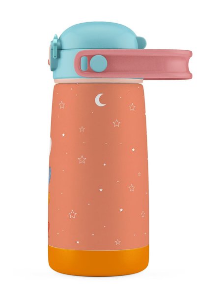Puccon Girl's 420 ml Stainless Steel School Thermos Water Bottle with Straw - Orange - with Silicone Carrying Strap 60037