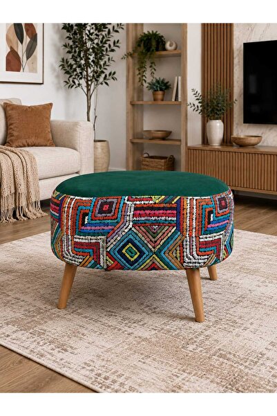 DEKOZUM MAYA Puf Koltuk Dekoratif Ahşap Ayaklı Kilim Desenli Puf 35X60 OVAL PUF