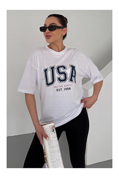 Flubutik Women's White Crew Neck Usa 1998 Printed Loose Fit T-Shirt