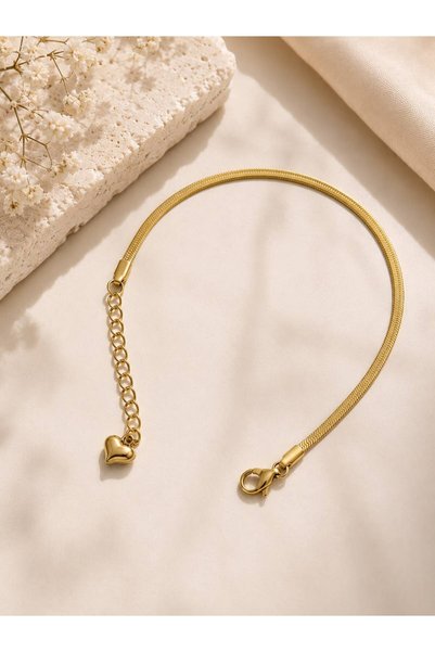 The Klōi Women's Gold Color Stainless Steel Italian Crushed Snake Chain Bracelet - with Heart Charm Tarnish Resistant Waterproof Minimalist