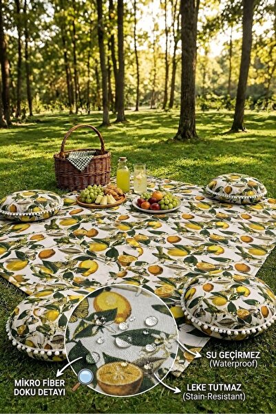 Rona Home Piknik Seti Piknik Örtüsü Limon Desenli 4 Minderli Takım Su Sıvı Ge...