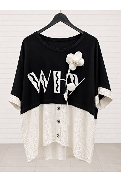 sajarsln Women's Plus Size Black and White Double Fabric T-Shirt with Why Wri...