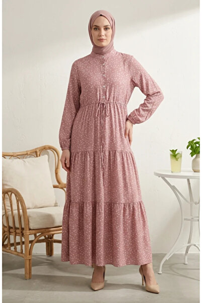 sefamerve Floral Patterned Belted Hijab Dress 0299-02 Powder