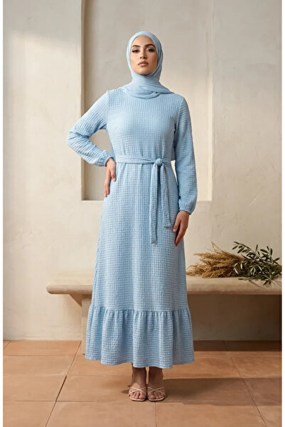 sefamerve Waffle Fabric Elastic Sleeves Hijab Dress 5588-04 Blue
