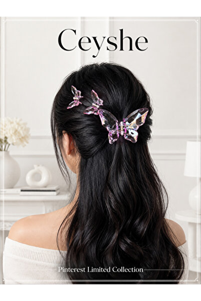 CeyShe Pinterest Set of 3 Shiny Magenta Butterfly and Mini Butterfly Hair Cli...