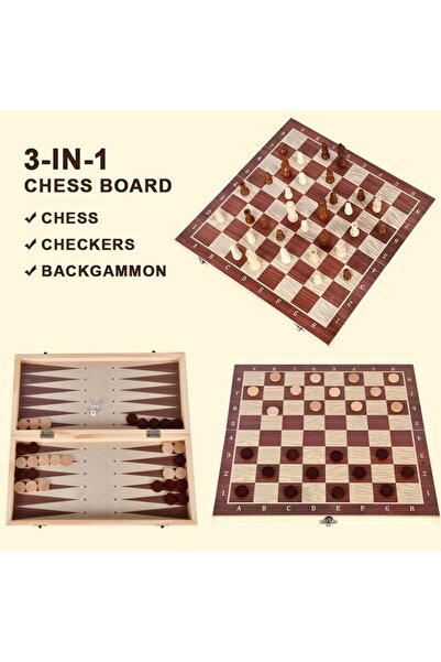 OEM Set clasic de jocuri din lemn 3-în-1 – Șah, Table și Dame, Pliabil, Portabil, 39x19 cm, cu piese din lemn masiv, Ideal pentru familie, copii și călătorii