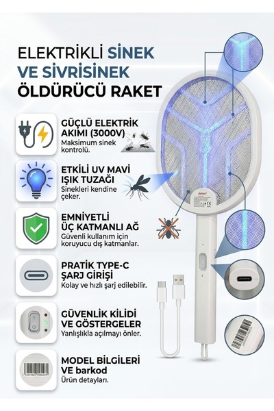 segyhome TYPE-C Şarjlı UV Işıklı Sinek Öldürme Raketi Şarj Göstergeli Kendili...