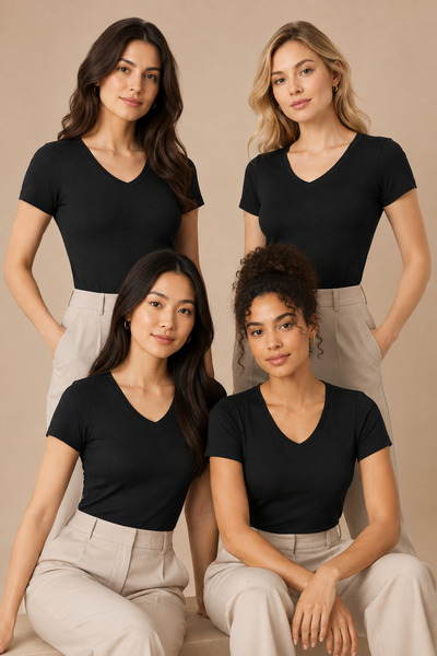 Nymora Women's 4-Pack V-Neck Short Sleeve Modal Cotton Flexible Undershirt Black