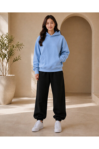 PENTHİLUS Women's Plus Size Oversize Hoodie Black Rubber Cuff Sweatpants Set ...
