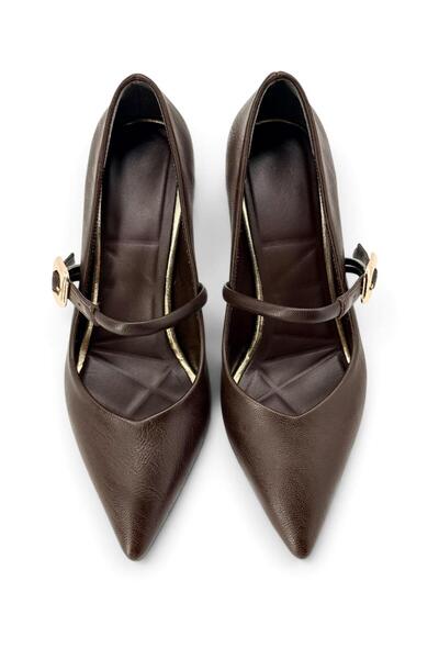 besoin shoes store Buckle Detailed Matte Leather Thin Heeled Shoes Stiletto Light Brown 9 cm