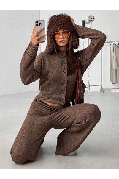 S.ÇLK Women's Brown Buttoned Pocketed Knitwear Cardigan and Wide-Leg Pants 2-...